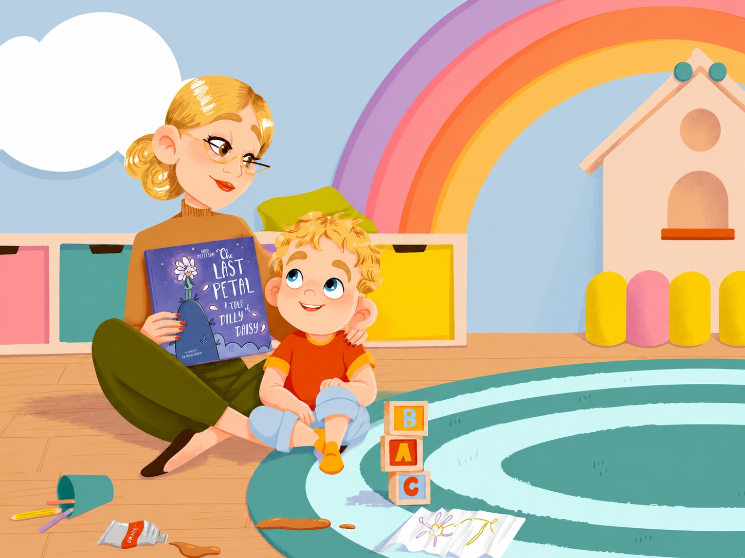 Educator reading a picture book to a young child in a daycare playroom